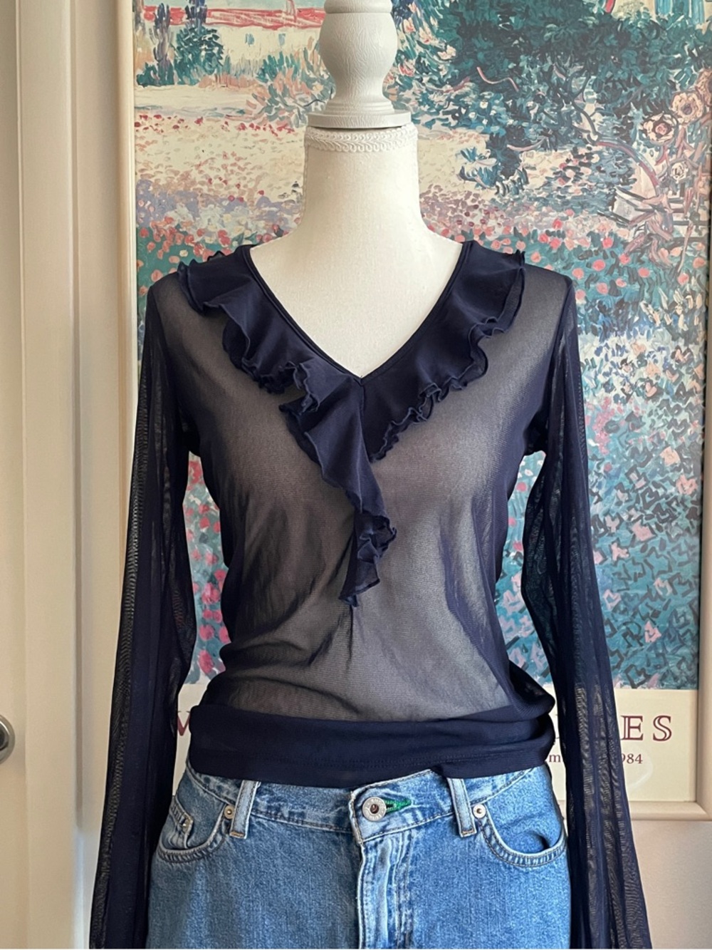 Vintage Navy Sheer Mesh Blouse XS Ruffle Neckline Nylon Coquette 90s